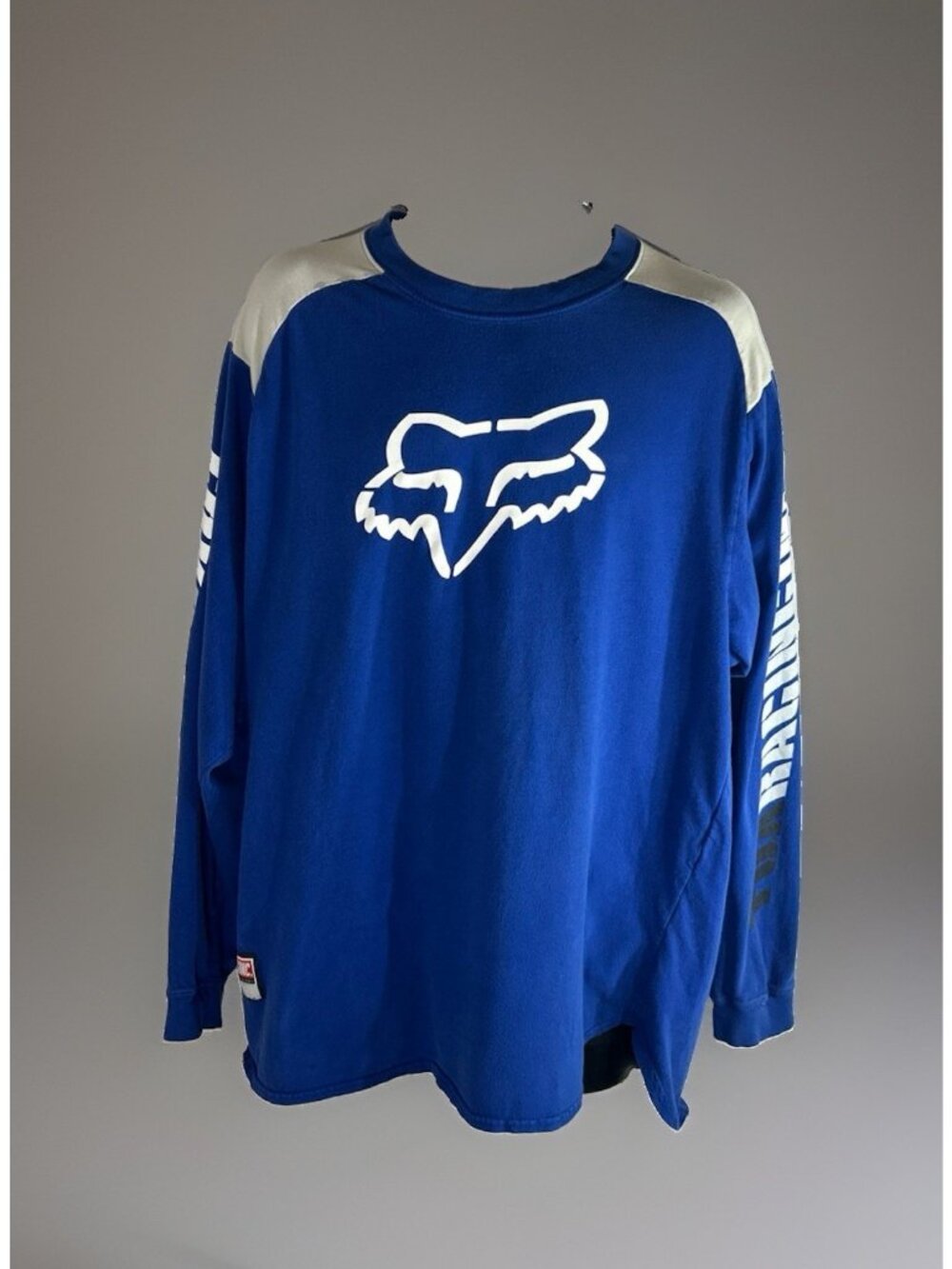 Vintage Fox Racing Mens XL Motocross Graphic Shirt Blue Long Sleeve w/ spell out